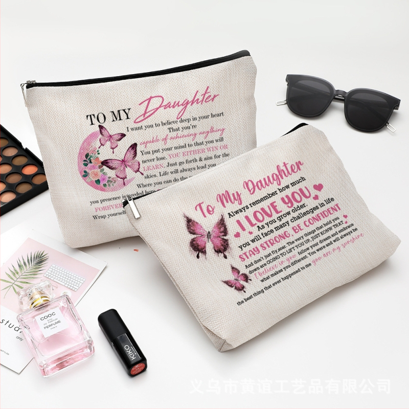 Νεσεσέρ καλλυντικών με εκτύπωση πεταλούδας, αδιάβροχο ύφασμα από βαμβάκι-λίνου, φερμουάρ, δυνατότητα προσαρμοσμένου λογότυπου με θερμική μεταφορά.