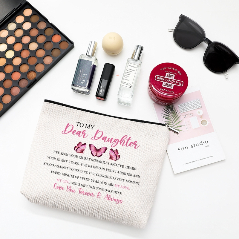 Νεσεσέρ καλλυντικών με εκτύπωση πεταλούδας, αδιάβροχο ύφασμα από βαμβάκι-λίνου, φερμουάρ, δυνατότητα προσαρμοσμένου λογότυπου με θερμική μεταφορά.