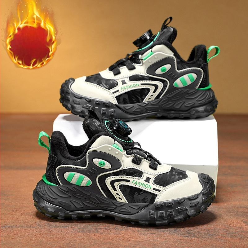 Bērnu sporta apavi ar rotējošu pogu aizdari, viegls dizains, augšējā daļa no sintētiskās ādas, TPR zole, neslīdoši un izturīgi pret nolietošanos.