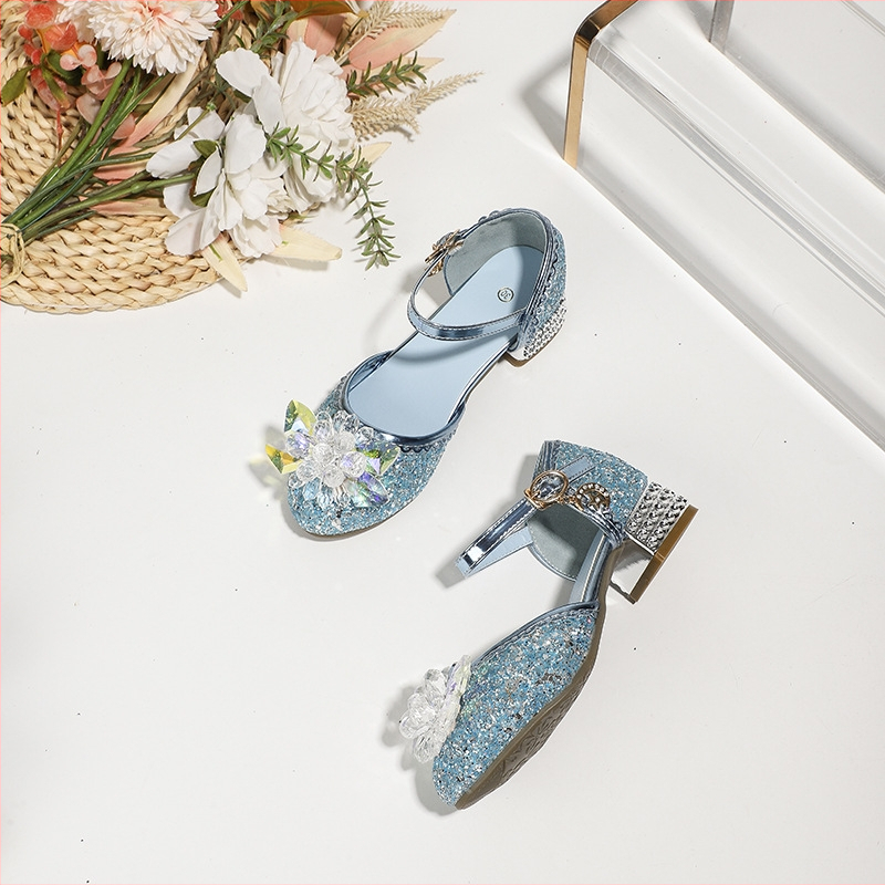 Princeses korķa sandales ar kristāla augšpusi, karikatūras raksts, kristāla ziedu akcenti, sprādzes aizdare, anti-slīdējoša zole