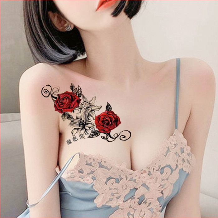 Rozes motīva ūdensizturīgas pagaidu tetovēšanas uzlīmes krūtīm, vēderam, rokām un augšstilbiem, rētu pārklājums, reālistiska tetovējuma imitācija.