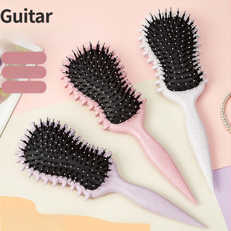 Gitāras formas ķemme cirtuļu ar gaisa spilvenu, pretstatīgas zobi, kviešu salmi + neilona sari pūkainām definētām cirtām