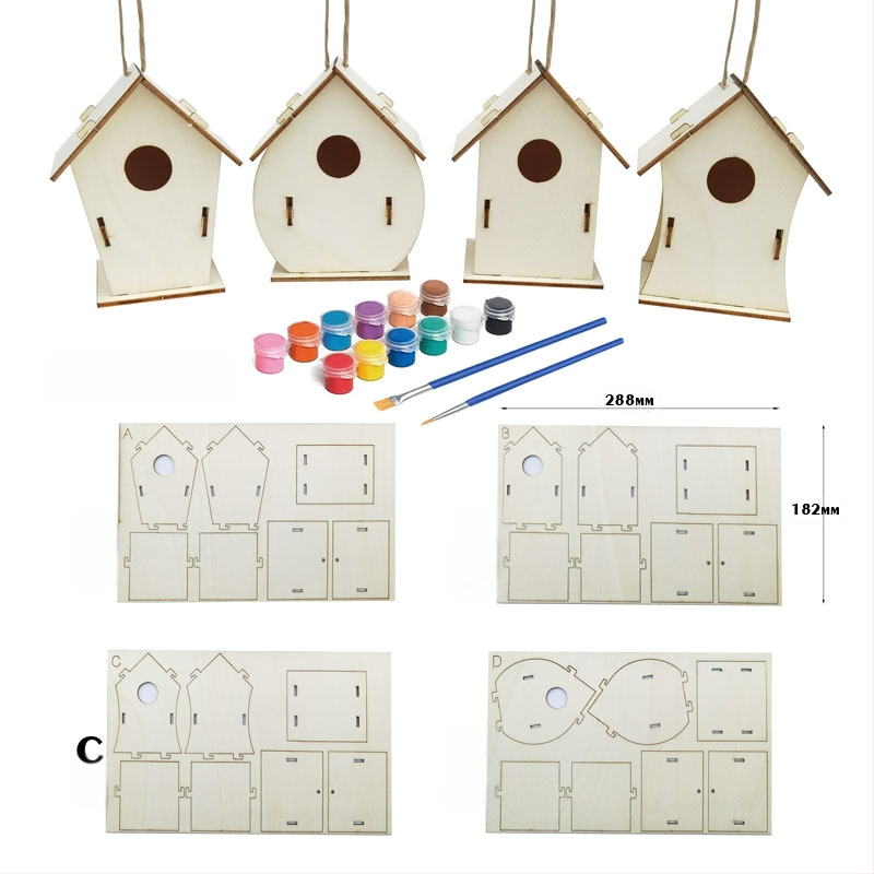Букова къщичка за птици – висящ декоративен елемент за домашно обзавеждане, ръчно рисувана дървена декорация в модерен минималистичен стил