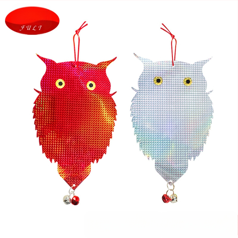 Сова-репелент за птици с двойно лазерно отражение, модел двойно-странна лазерна сова, материал PET+лазер филм, предназначение: градини и балкони