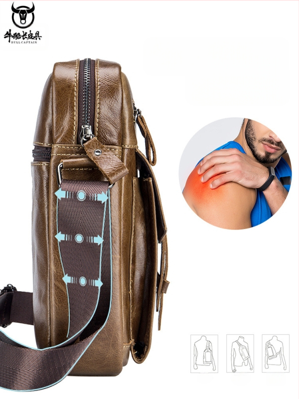Vīriešu plecu soma Cow Captain Leather – augšējā slāņa liellopu āda, poliestera iekšpuse, iekšējie nodalījumi, pret zādzību funkcija, lielā ietilpība, pavasaris 2023