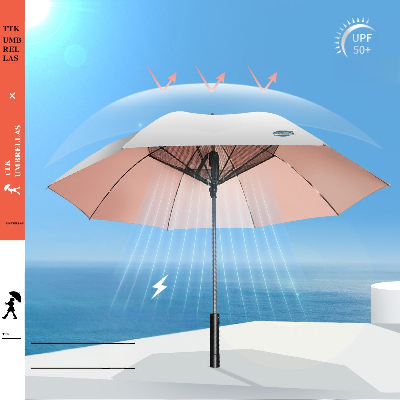 TTK чадър с вентилатор – многофункционален, автоматично отваряне, 8 ребра, алуминиев прът, ABS дръжка, 190T плат, дълга дръжка