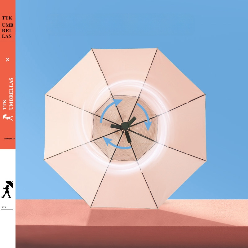 TTK чадър с вентилатор – многофункционален, автоматично отваряне, 8 ребра, алуминиев прът, ABS дръжка, 190T плат, дълга дръжка