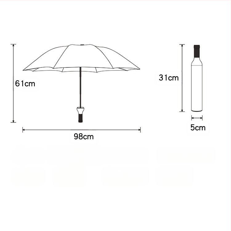 Vīna pudeles lietussargs, pārnēsājams ar 8 lankām, manuāla atvēršana, 190T Impact audums, šķiedras rāmis un stienis, UPF 40+