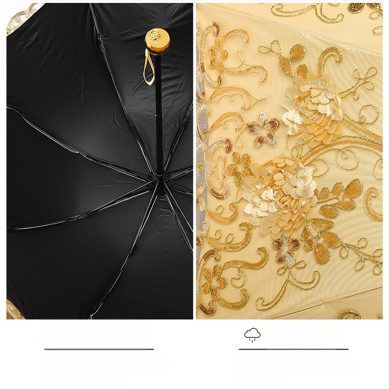 Sieviešu saules un lietus lietussargs ar mežģīņu izšuvumu un vinila pārklājumu, UPF>50, 8 ribām, 190T audums, manuāla aizvēršana