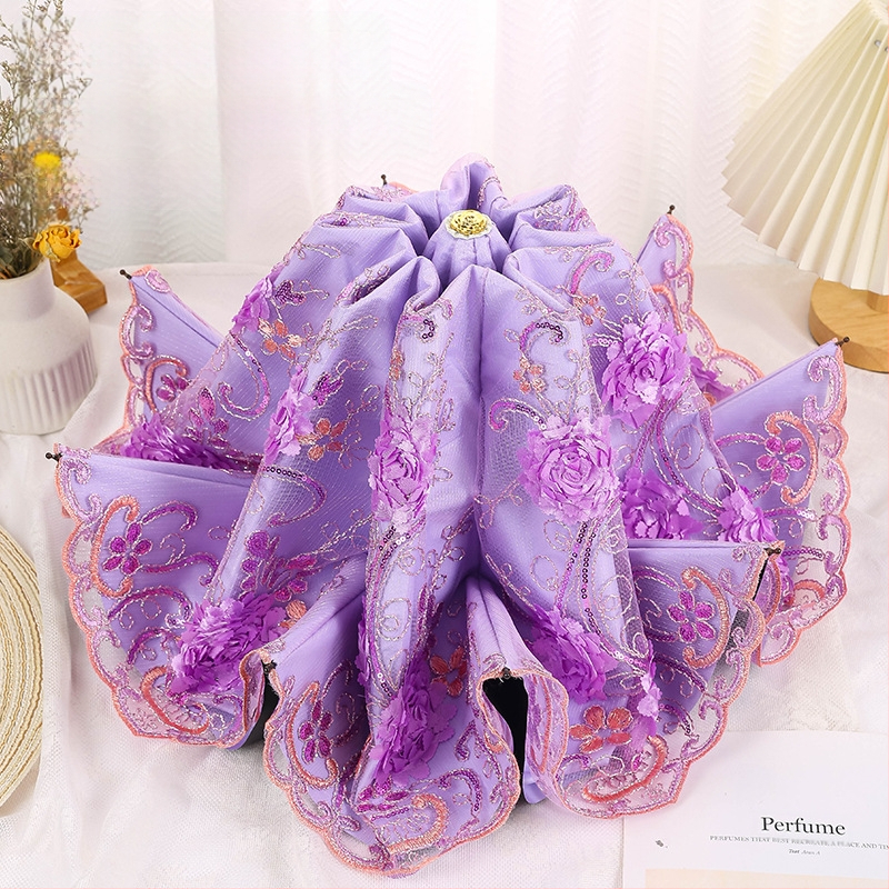 Sieviešu saules un lietus lietussargs ar mežģīņu izšuvumu un vinila pārklājumu, UPF>50, 8 ribām, 190T audums, manuāla aizvēršana