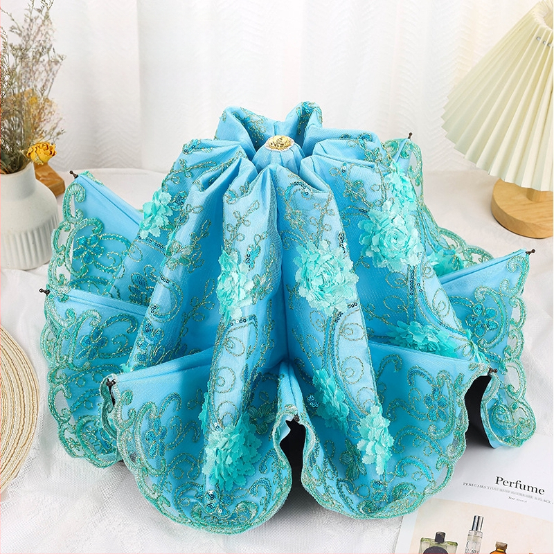 Sieviešu saules un lietus lietussargs ar mežģīņu izšuvumu un vinila pārklājumu, UPF>50, 8 ribām, 190T audums, manuāla aizvēršana