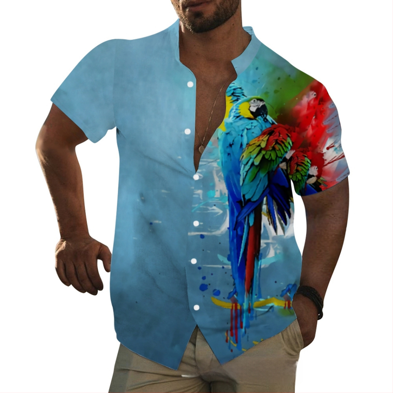 Muška hawaiijska košulja s printom životinja, stojeći ovratnik, kratki rukav, široka silueta, digitalni tisak, 96% poliester