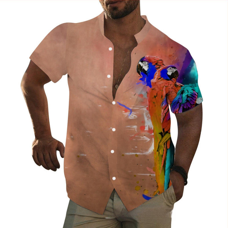 Muška hawaiijska košulja s printom životinja, stojeći ovratnik, kratki rukav, široka silueta, digitalni tisak, 96% poliester