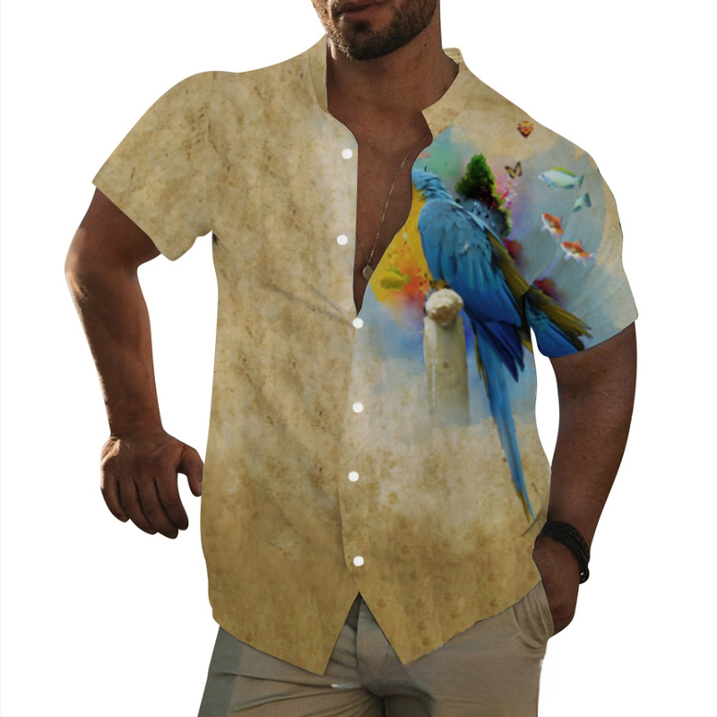 Muška hawaiijska košulja s printom životinja, stojeći ovratnik, kratki rukav, široka silueta, digitalni tisak, 96% poliester