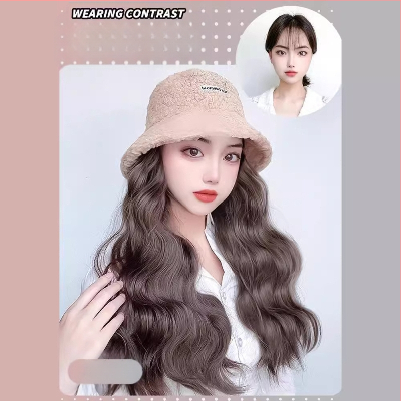 Περούκα για γυναίκες με ενσωματωμένο χειμωνιάτικο καπέλο από μαλλί προβάτου, κορεατικού στυλ, μεσαίο έως μακρύ μήκος μαλλιών, θερμοανθεκτικό καλώδιο