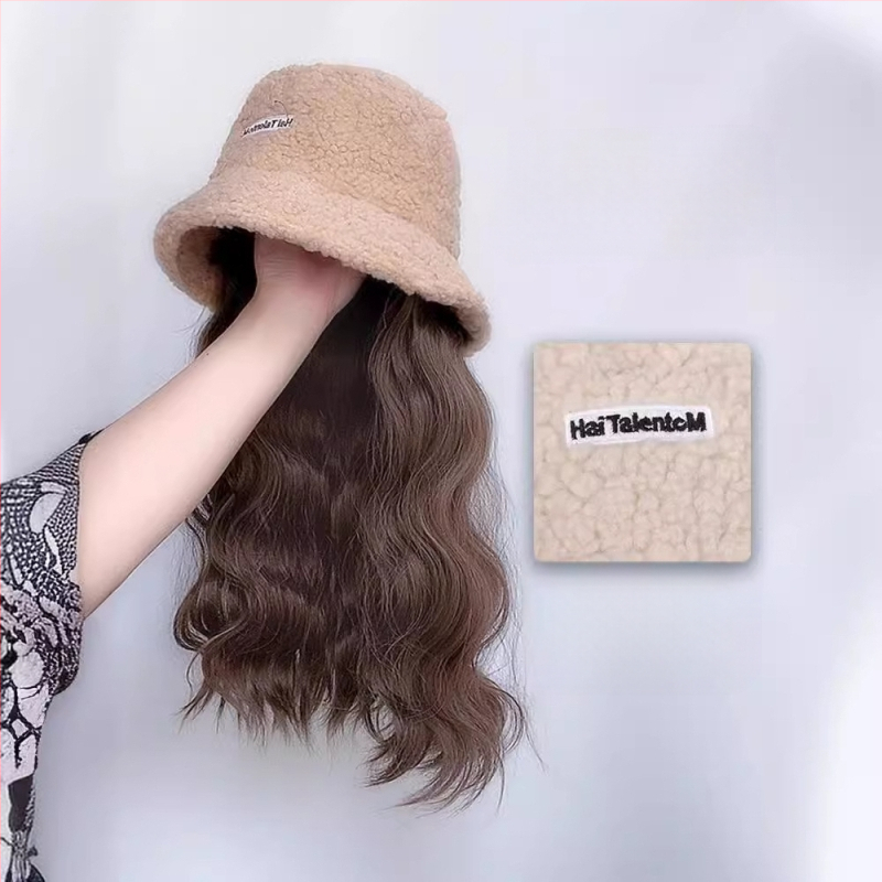 Περούκα για γυναίκες με ενσωματωμένο χειμωνιάτικο καπέλο από μαλλί προβάτου, κορεατικού στυλ, μεσαίο έως μακρύ μήκος μαλλιών, θερμοανθεκτικό καλώδιο