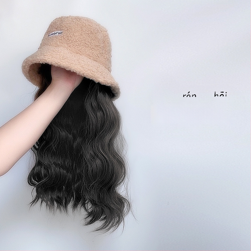 Περούκα για γυναίκες με ενσωματωμένο χειμωνιάτικο καπέλο από μαλλί προβάτου, κορεατικού στυλ, μεσαίο έως μακρύ μήκος μαλλιών, θερμοανθεκτικό καλώδιο