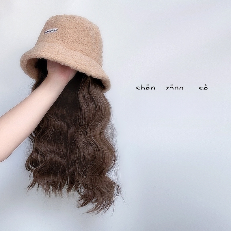 Περούκα για γυναίκες με ενσωματωμένο χειμωνιάτικο καπέλο από μαλλί προβάτου, κορεατικού στυλ, μεσαίο έως μακρύ μήκος μαλλιών, θερμοανθεκτικό καλώδιο