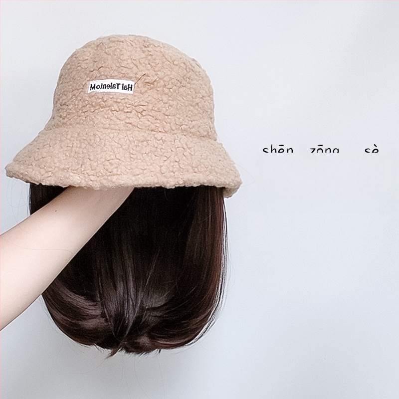 Περούκα για γυναίκες με ενσωματωμένο χειμωνιάτικο καπέλο από μαλλί προβάτου, κορεατικού στυλ, μεσαίο έως μακρύ μήκος μαλλιών, θερμοανθεκτικό καλώδιο