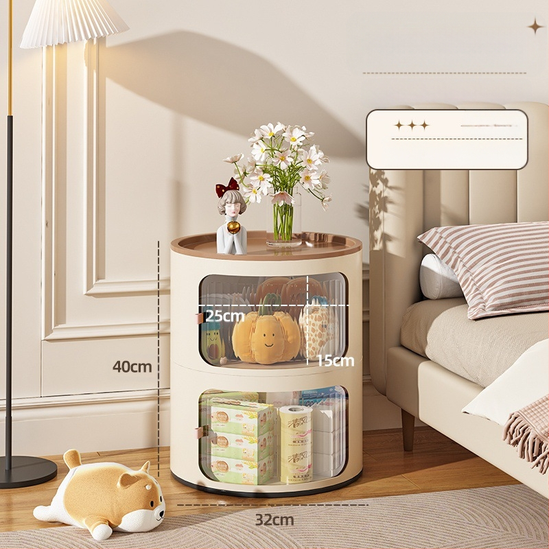 Кръгло нощно шкафче в кремав стил, пластмасово тяло, горна плоча от сланец, модел x-9657, готово за употреба