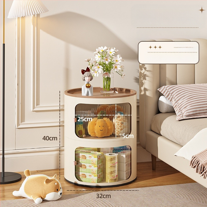 Кръгло нощно шкафче в кремав стил, пластмасово тяло, горна плоча от сланец, модел x-9657, готово за употреба