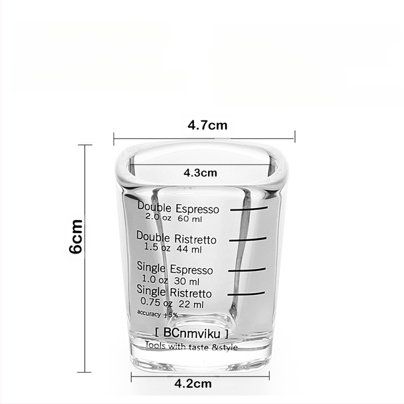 Γυάλινο ποτήρι εσπρέσο με παχύτερο πάτο, τετράγωνο σχήμα, με κλίμακα μέτρησης για ακριβή παρασκευή καφέ