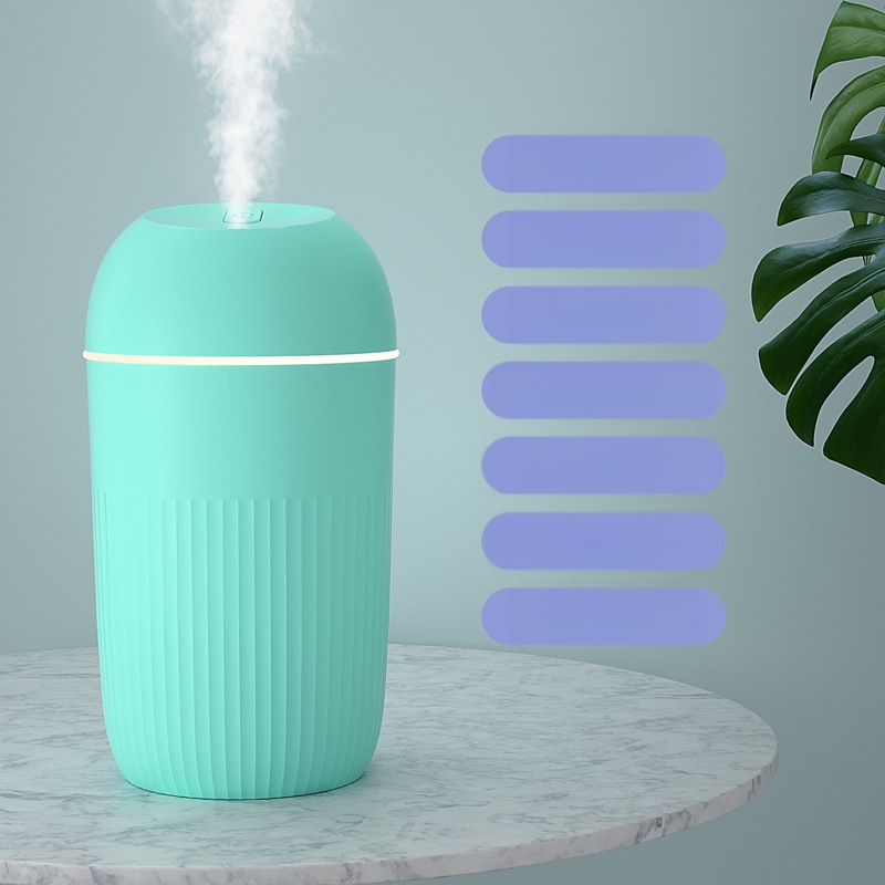 USB захранван овлажнител за бюро и дом, безшумен, преносим, колонен дизайн; 1 изход за мъгла, таймер 2–8 ч, подходящ за помещения до 10 м²