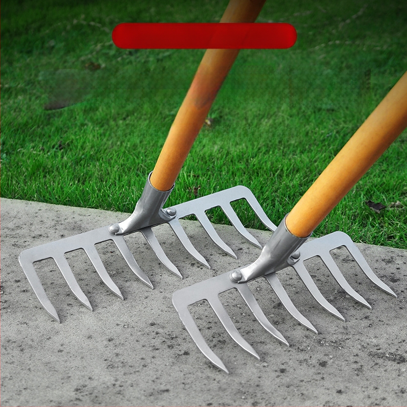 Ράκα εννιά δοντιών με ξύλινο κοντάρι, μαγανίου χάλυβας, πολυδόντια για γεωργία και κήπους