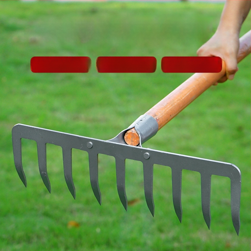 Ράκα εννιά δοντιών με ξύλινο κοντάρι, μαγανίου χάλυβας, πολυδόντια για γεωργία και κήπους