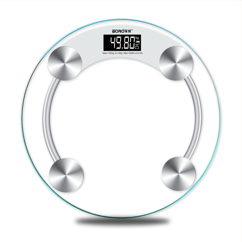 Apaļš mājas viedais elektroniskais veselības svars ar temperētā stikla paneli, bateriju darbībai, modelis 2003A-28, BORO/Baolan