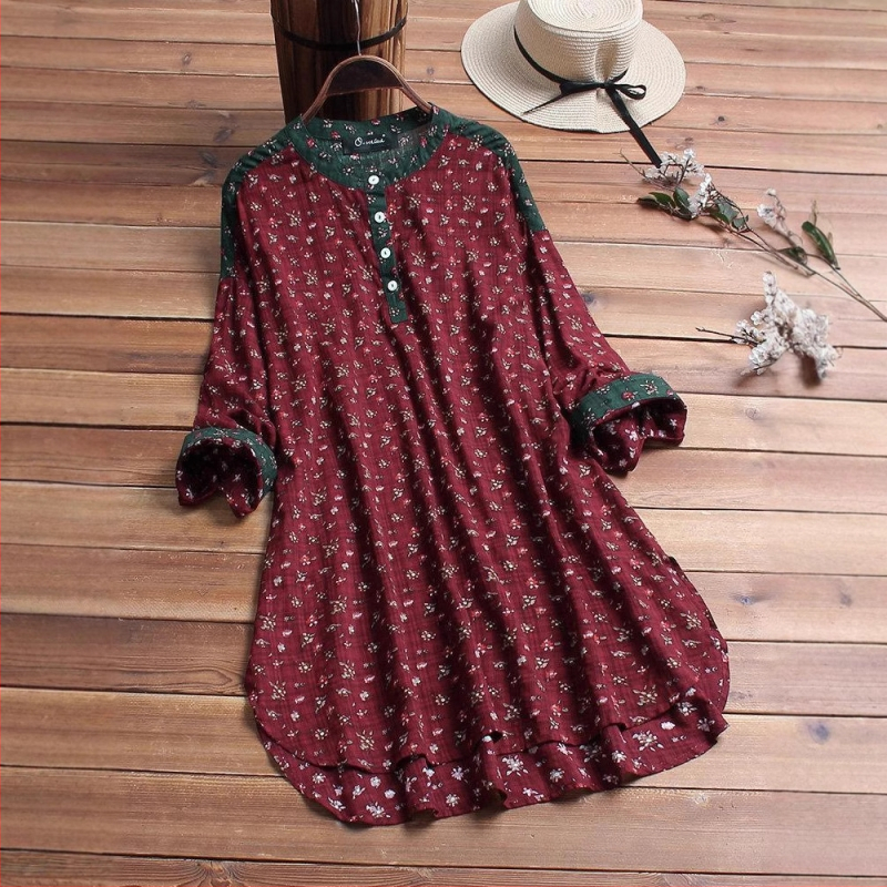 Sieviešu kokvilnas-linena maisījuma krekls ar apdrukas rakstu, stāvošs apkaklis, brīvs piegriezums, garās piedurknes