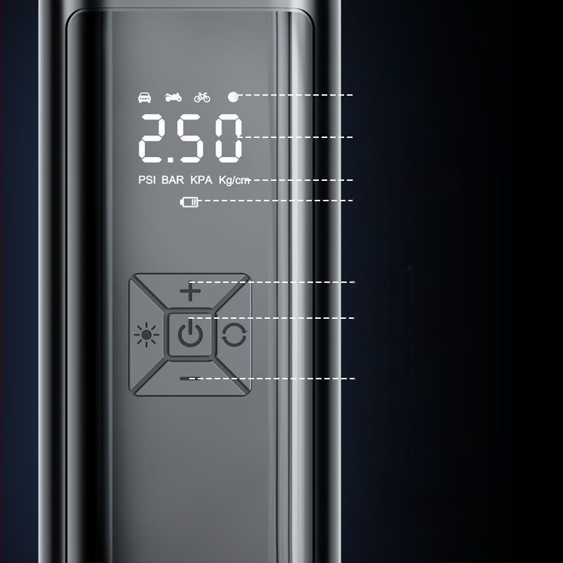 Gudrā bezvadu gaisa pumpa automašīnai ar digitālo displeju, automātiskais ieslēgšanas un izslēgšanas režīms, paredzēta auto un motocikliem, 7.4–12V, 120W, 3 m vads, 25 L/min