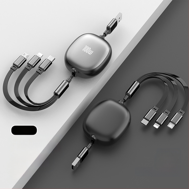 Αναδιπλούμενο καλώδιο USB 3-σε-1 με αλουμινένιο περίβλημα – 100W γρήγορη φόρτιση, Lightning, Micro USB και Type-C