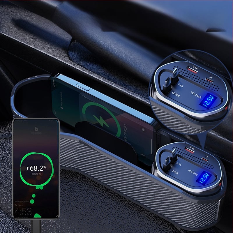 Θήκη αποθήκευσης στο κενό ανάμεσα στα καθίσματα αυτοκινήτου με ασύρματη φόρτιση, τηλεσκοπικό καλώδιο και ψηφιακή οθόνη