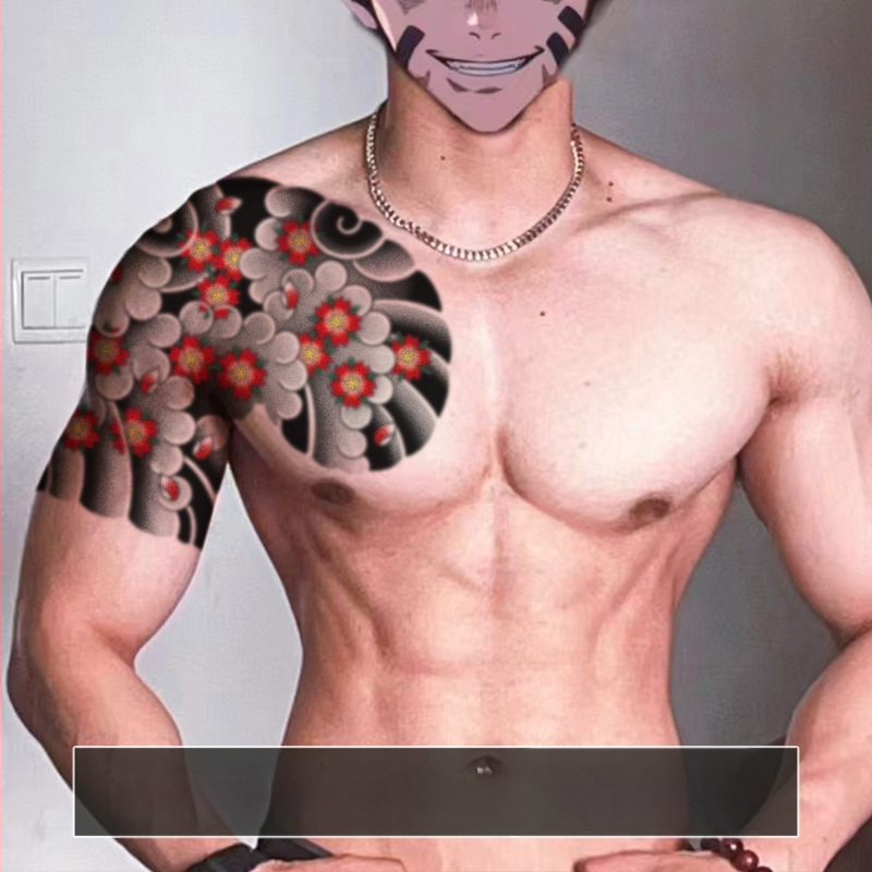 Pagaidu tetovējums uz krūtīm — ķiršu ziedu dizains, ūdens pārneses druka, ūdensdrošs, abiem dzimumiem