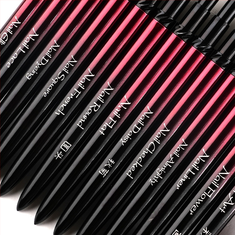 Набор за маникюр: четки за нанасяне на гел с глави плоска, кръгла, квадратна и овална; 4 бр. четки; дълги метални дръжки; фототерапевтична писалка