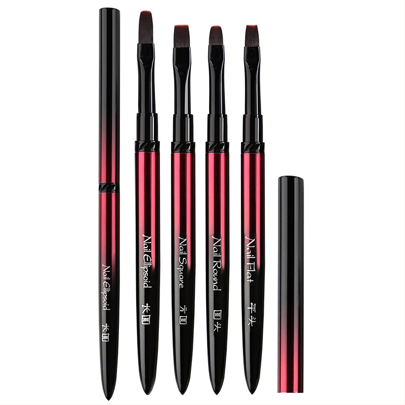 Набор за маникюр: четки за нанасяне на гел с глави плоска, кръгла, квадратна и овална; 4 бр. четки; дълги метални дръжки; фототерапевтична писалка