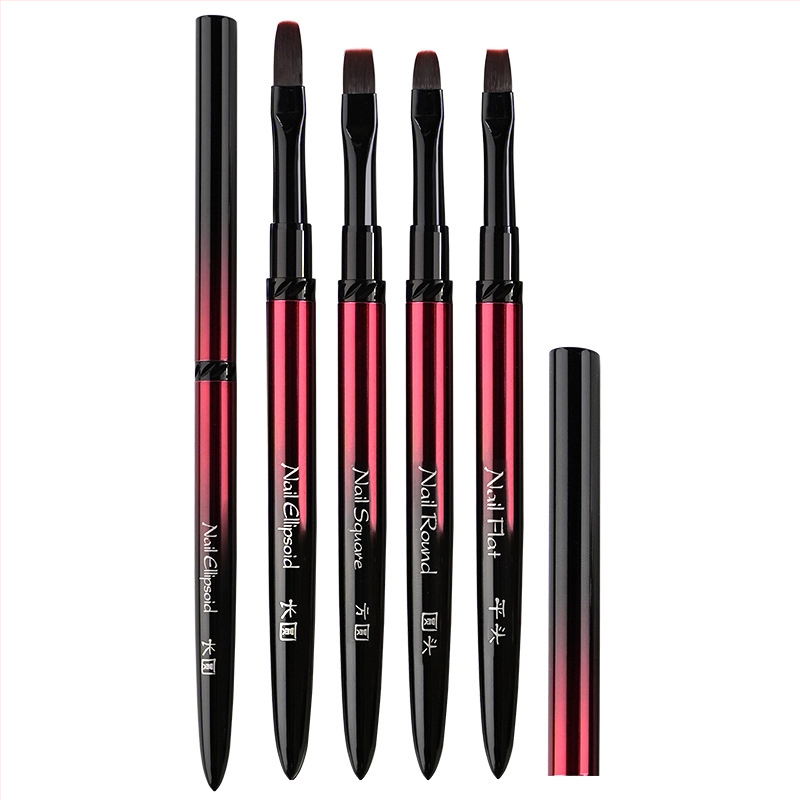 Набор за маникюр: четки за нанасяне на гел с глави плоска, кръгла, квадратна и овална; 4 бр. четки; дълги метални дръжки; фототерапевтична писалка