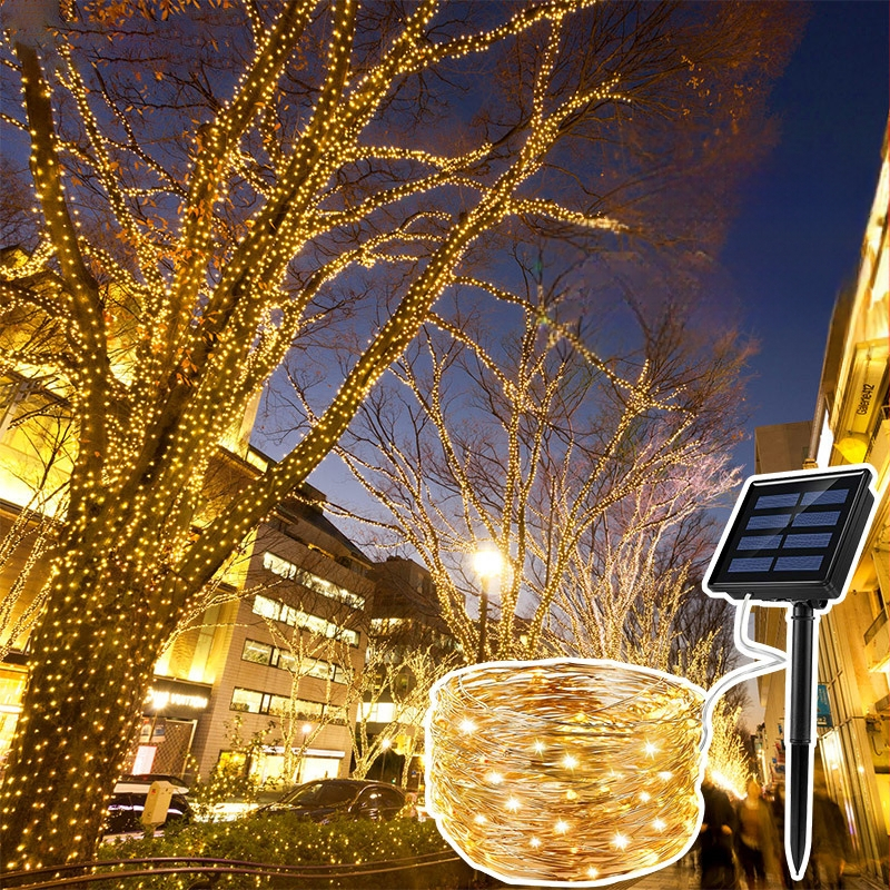 Соларен външен LED низ от медна жица, IP65 водоустойчив, 50 LED, дистанционно управление, празнична украса за дърво