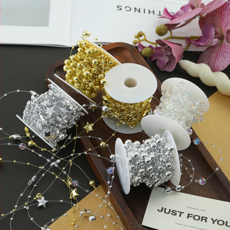 Διακοσμητική αλυσίδα με λουλουδένια μαργαριάρια - σχήματος αστεριού, πλαστικό, 10 μ. ρολό, μάρκα Shangjin, για DIY τσάντες