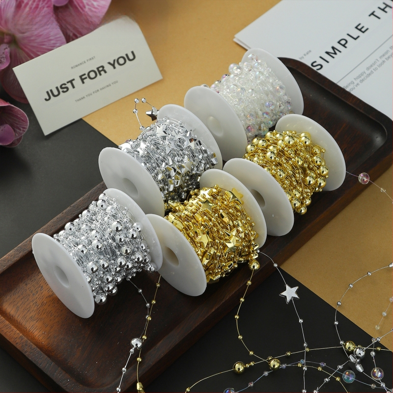 Διακοσμητική αλυσίδα με λουλουδένια μαργαριάρια - σχήματος αστεριού, πλαστικό, 10 μ. ρολό, μάρκα Shangjin, για DIY τσάντες