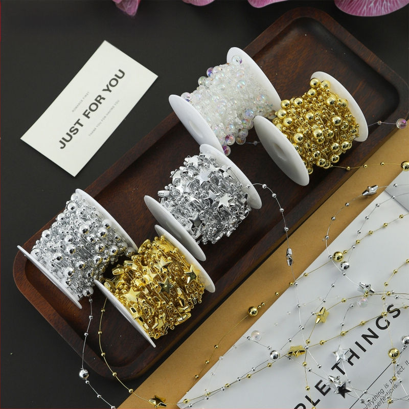 Διακοσμητική αλυσίδα με λουλουδένια μαργαριάρια - σχήματος αστεριού, πλαστικό, 10 μ. ρολό, μάρκα Shangjin, για DIY τσάντες