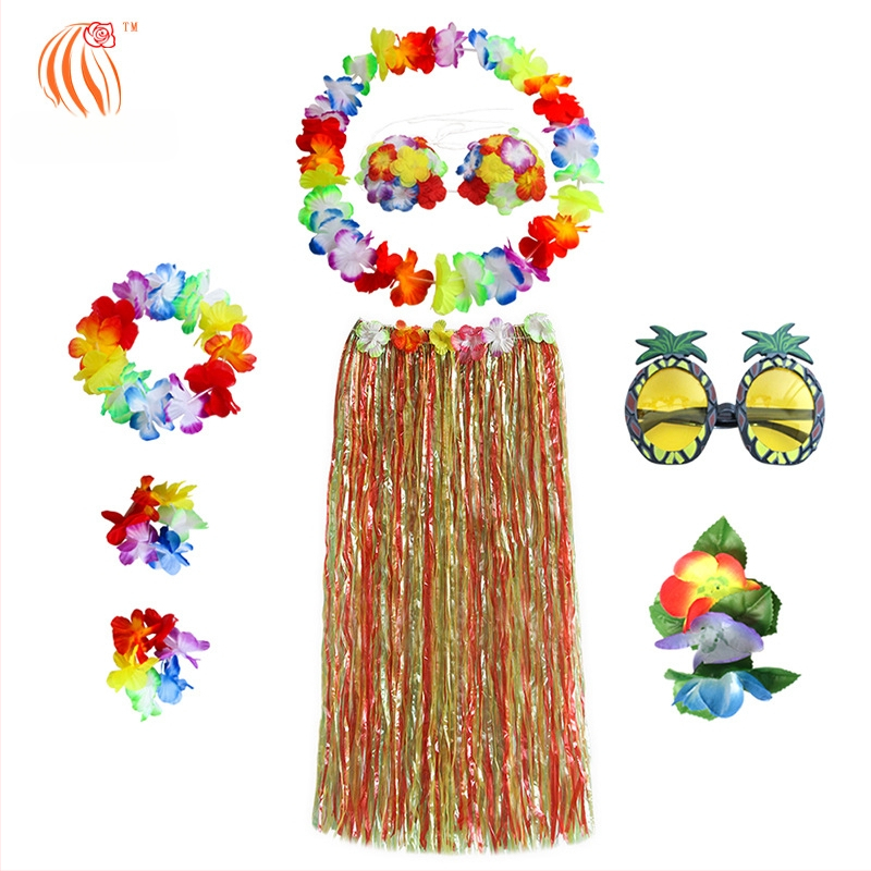 Kaifeng Party Хула танцов костюм — 8-частов комплект: grass skirt, garland, bra, glasses, hairpin; платно; полу-ръчна/полу-механична обработка; персонализация налична