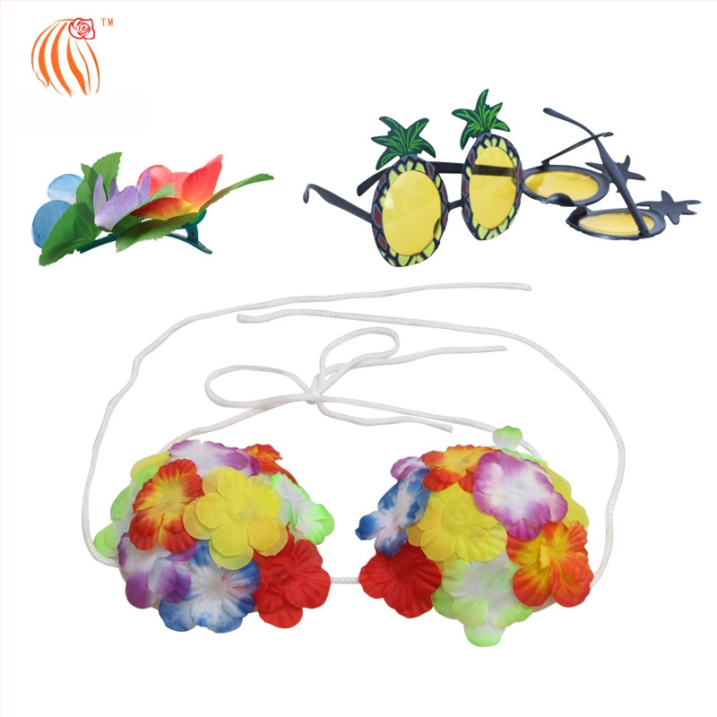 Kaifeng Party Хула танцов костюм — 8-частов комплект: grass skirt, garland, bra, glasses, hairpin; платно; полу-ръчна/полу-механична обработка; персонализация налична