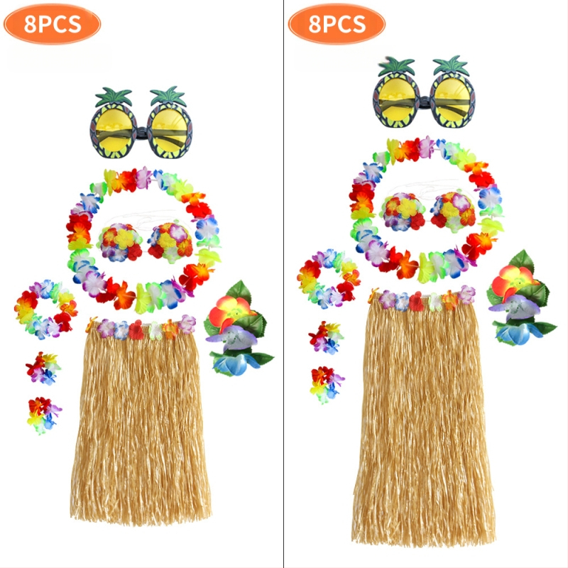 Kaifeng Party Хула танцов костюм — 8-частов комплект: grass skirt, garland, bra, glasses, hairpin; платно; полу-ръчна/полу-механична обработка; персонализация налична