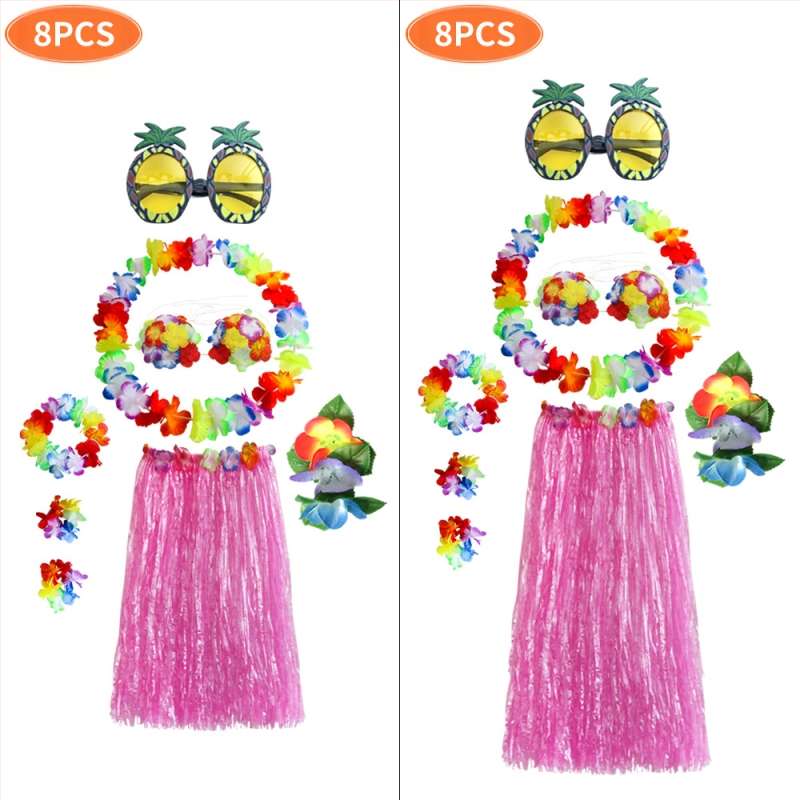 Kaifeng Party Хула танцов костюм — 8-частов комплект: grass skirt, garland, bra, glasses, hairpin; платно; полу-ръчна/полу-механична обработка; персонализация налична