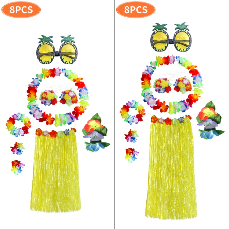 Kaifeng Party Хула танцов костюм — 8-частов комплект: grass skirt, garland, bra, glasses, hairpin; платно; полу-ръчна/полу-механична обработка; персонализация налична
