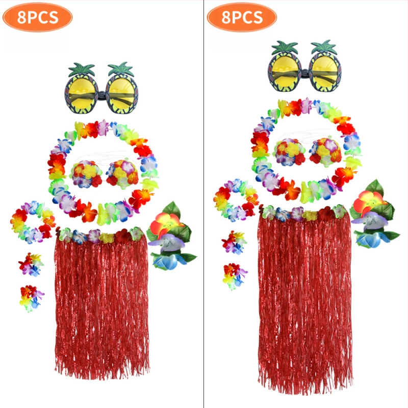 Kaifeng Party Хула танцов костюм — 8-частов комплект: grass skirt, garland, bra, glasses, hairpin; платно; полу-ръчна/полу-механична обработка; персонализация налична