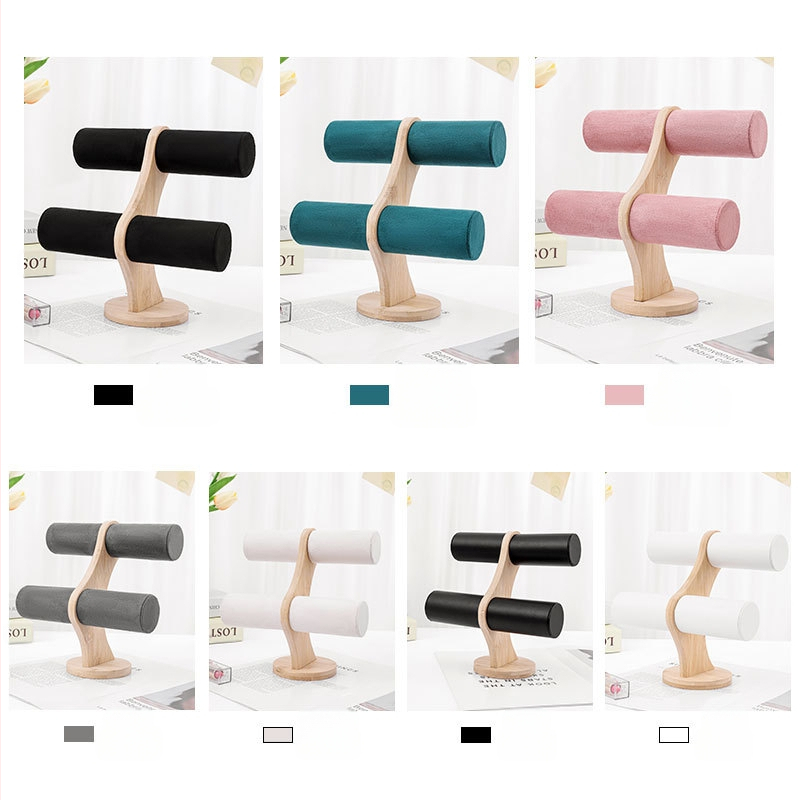 Koka apaļš divlīmeņu juvelierizstrādājumu displejs ar velūra pārklājumu un PU ādas akcentiem