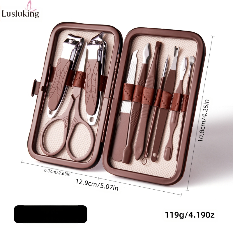 Nagakääride komplekt – roostevabast terasest ja süsinikterasest; surnud naha eemaldamise fail; küünte pinna lihvimisinstrument; küünte lõikusseadmete komplekt; Lusluking